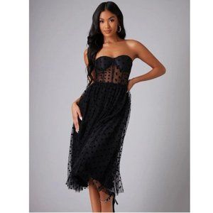 Akira Black Polka Dot Mesh Inset Strapless Tulle Midi Dress